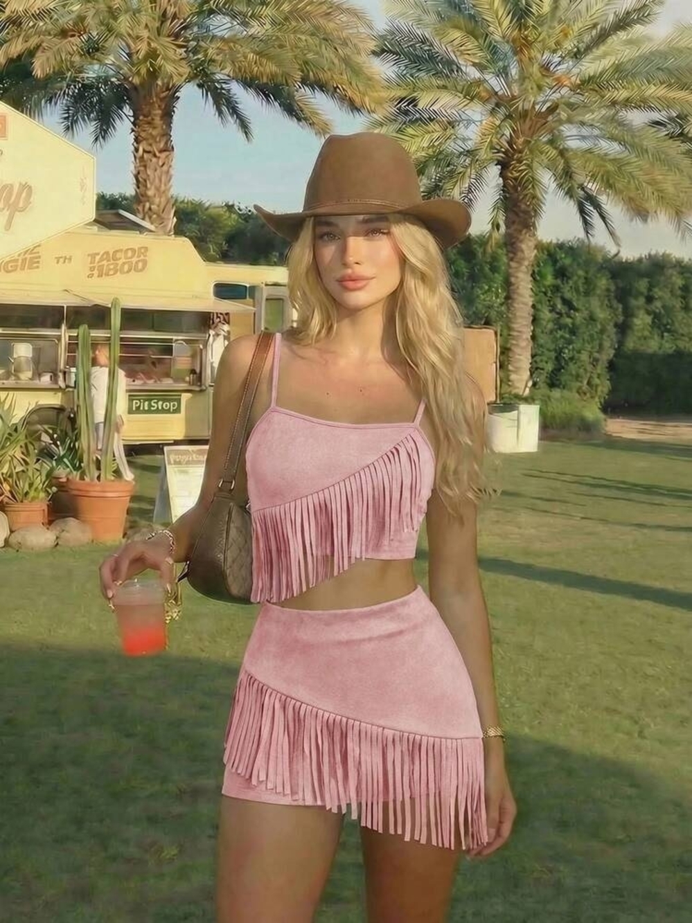 Shein Fringed Suede-Look Pink Mini Skirt